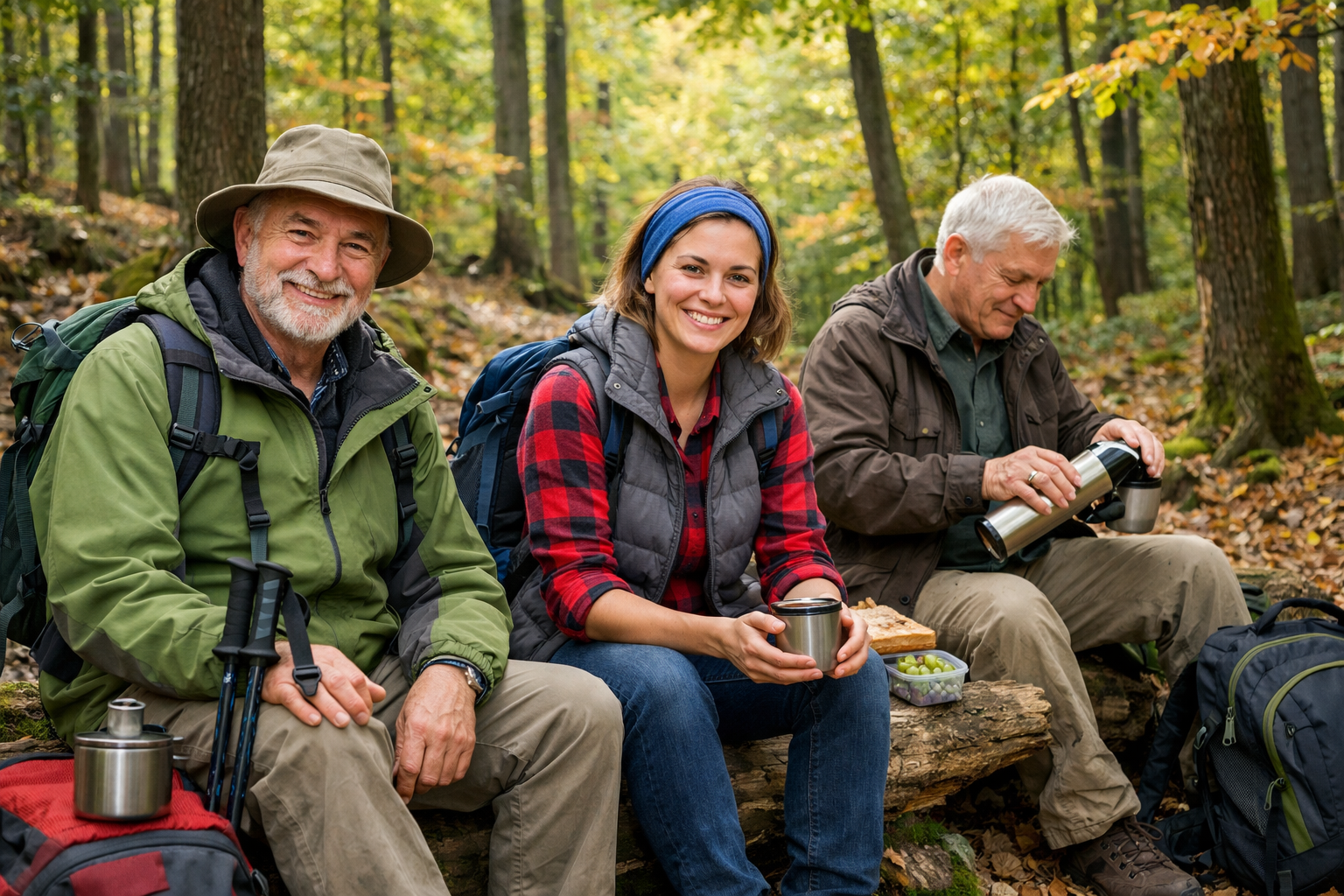 Drei Menschen sitzen auf einem Baumstamm im Wald, lächeln und genießen heiße Getränke. Sie tragen Outdoor-Kleidung und Rucksäcke und sind von Bäumen mit grünen und gelben Blättern umgeben, was auf eine angenehme Herbstwanderung hindeutet. Im Laufe des Gesprächs kommt das Thema ihrer gemeinsamen Leidenschaft für ganzheitliche Gesundheit zur Sprache, und zwei von ihnen tauschen sich über ihre Erfahrungen während der großen HP- und HPP-Ausbildung aus – inspiriert von der Ruhe der Natur, die sie während ihrer Wanderung erlebt haben.