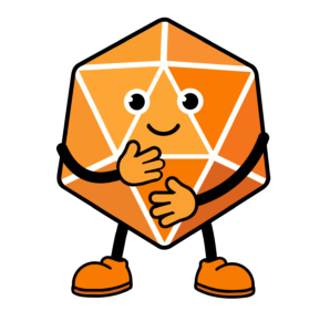 Eine lächelnde, orangefarbene Cartoonfigur in Form eines Ikosaeders mit großen Augen, Armen, Beinen und orangefarbenen Schuhen, die eine Hand vor den Mund hält, als würde sie kichern oder ein Geheimnis verraten.